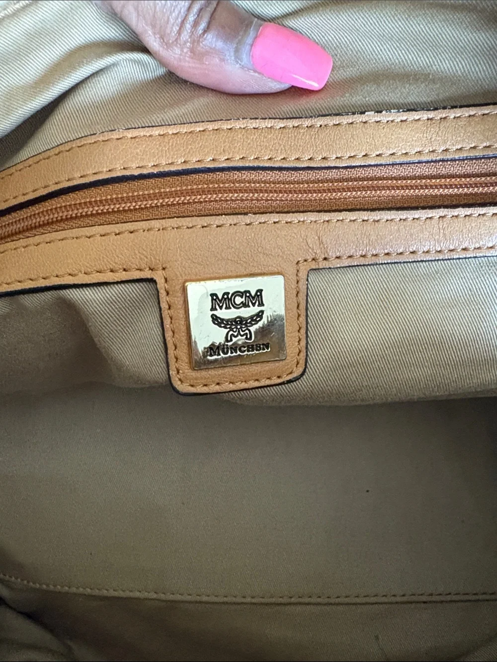 MCM Tan Cognac Logo Visetos Satchel with Gold Hardware